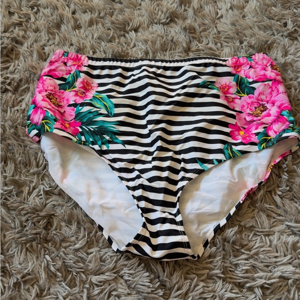 Striped Floral High-Waisted Bikini Bottoms